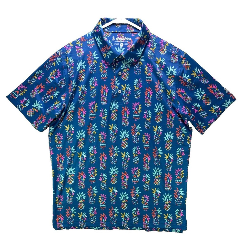 Chubbies Polo Shirt Mens Medium Blue Pineapple Print Golf Stretch Short Sleeve
